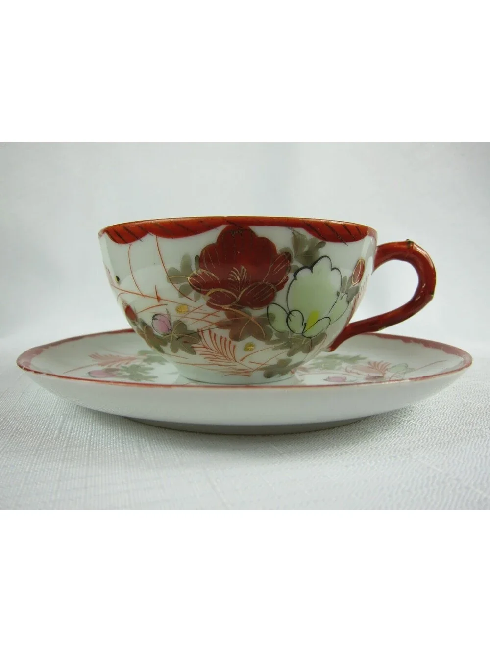 Antique Floral Red Pink Green & Gold Accent Tea Cup & Saucer Set Hand Painted